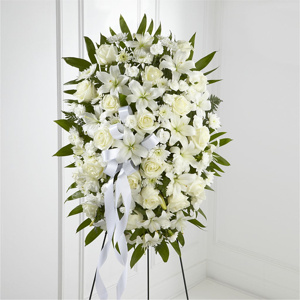 Exquisite Tribute Standing Spray-White Ribbon – BECCA'S BLING AND BLOOMS, Millington TN